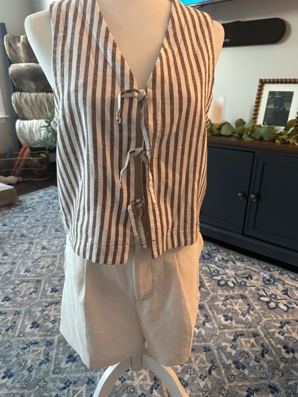 Old Navy Brown and White Striped Tie-Front Vest
